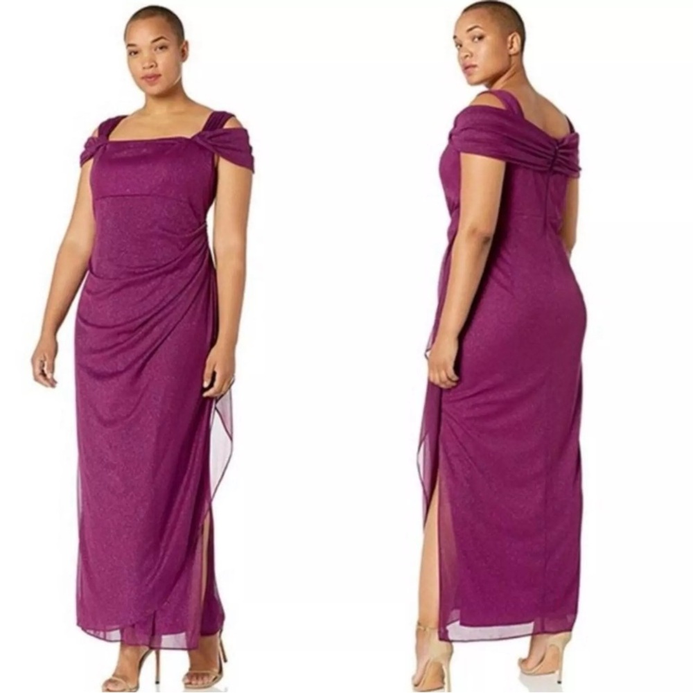 Alex Evenings Cold Shoulder Cowl Neck Glitter Mesh Gown